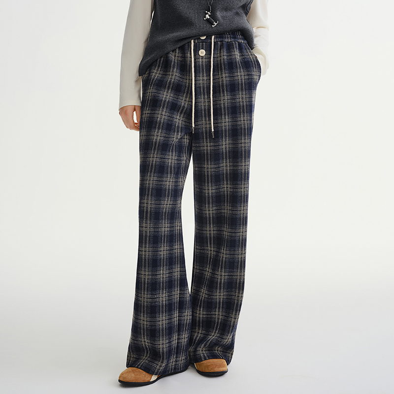 大码女装格纹宽松休闲裤秋冬新款松紧抽绳复古长裤25DS84210
