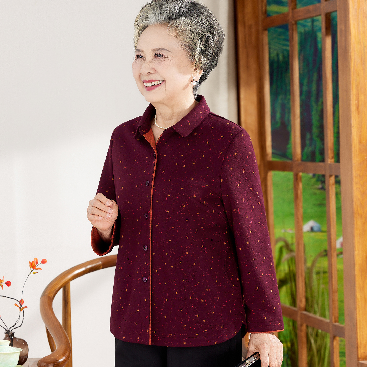 奶奶秋装羊毛衬衫上衣老年人妈妈春秋天薄外套衬衣宽松富太太衣服