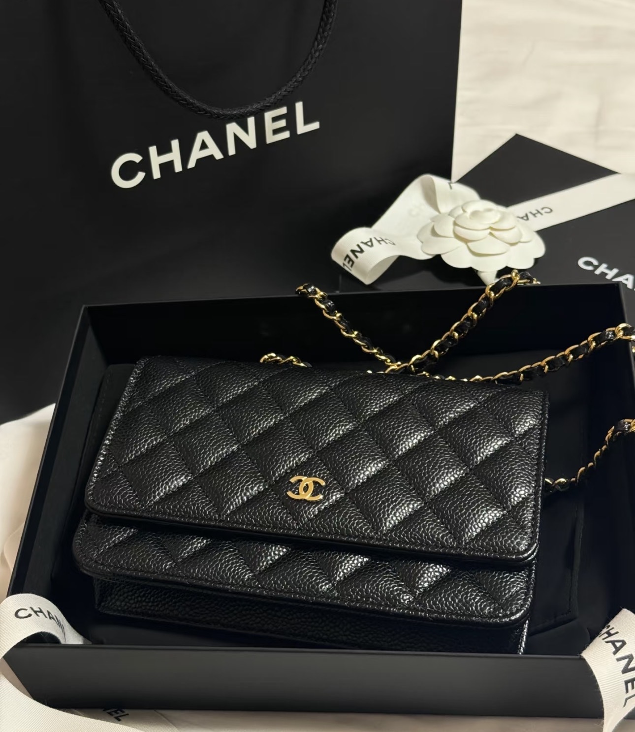 95新 Chanel/香奈儿 黑金鱼子酱woc包 24开 19cm 