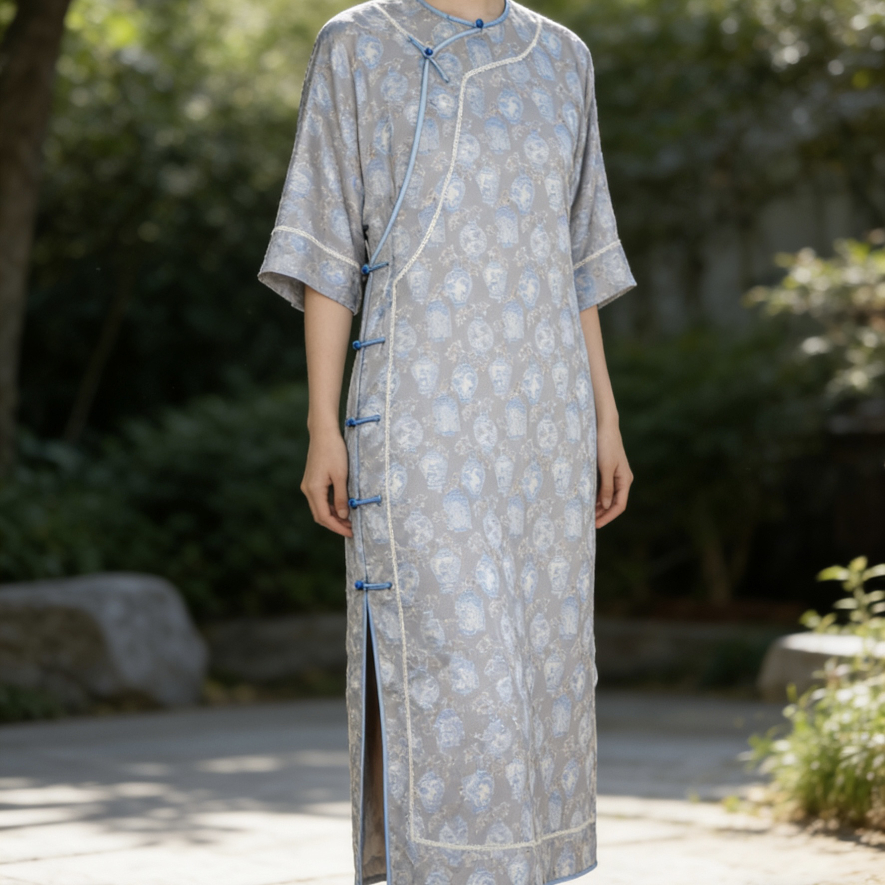 岚盈栖新款青花瓷中式斜襟宽松旗袍新中式长裙252079-T