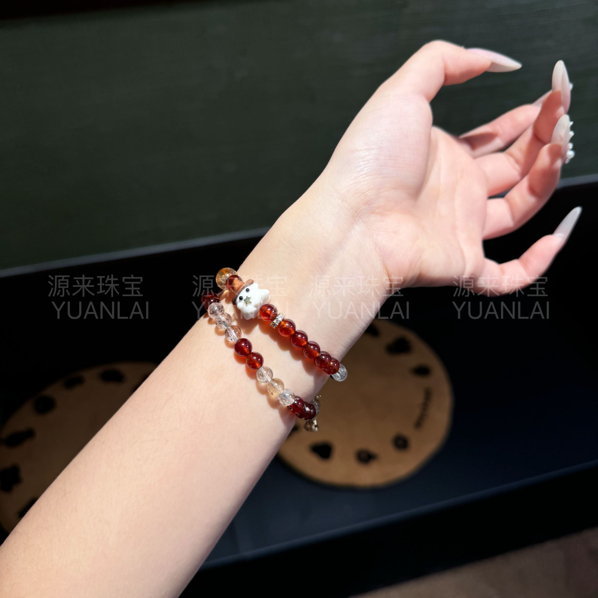 Y1*赤晶萌喵*天然黑金超七石榴石双圈手串K