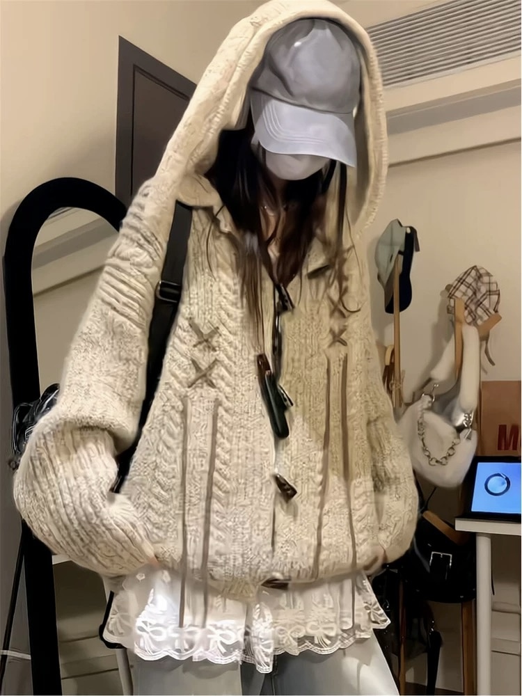 美式复古兔耳朵牛角扣连帽毛衣女秋冬2025新款慵懒风针织开衫外套