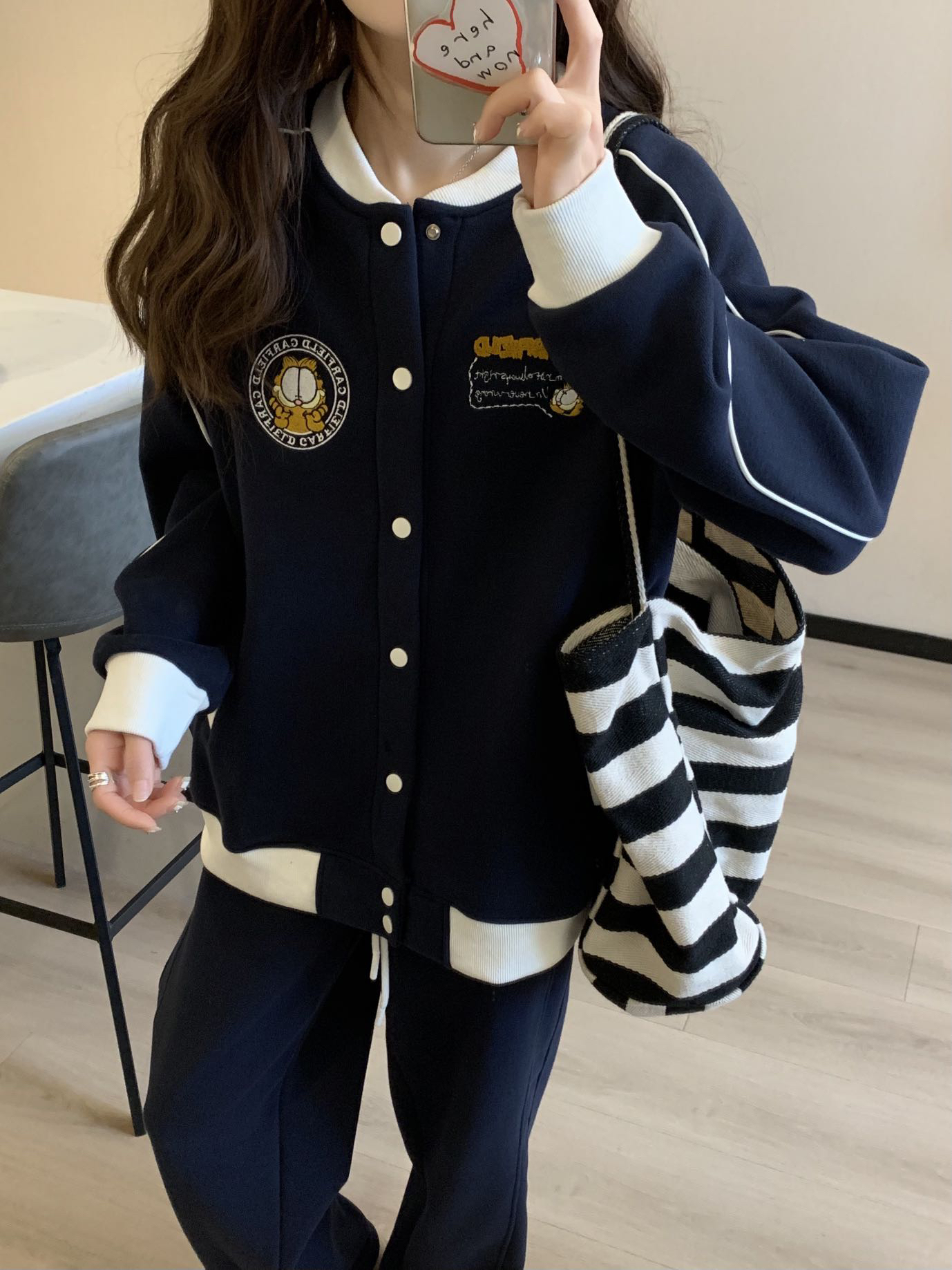 冬季新款加绒【加菲猫重工刺绣棒球服外套】百搭时尚减龄休闲