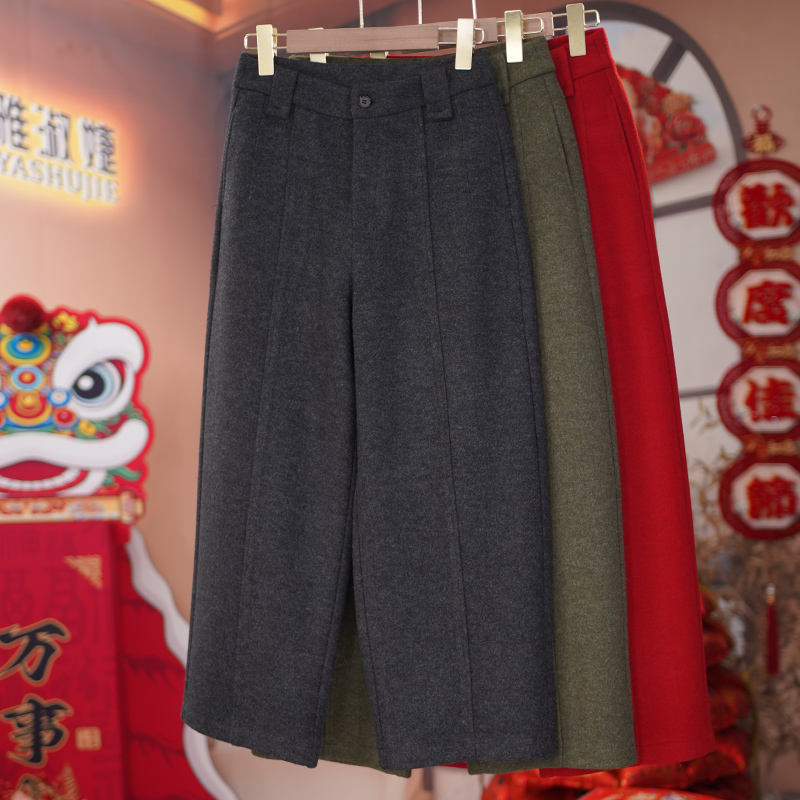 绵羊毛九分直筒阔腿裤女毛呢冬新款宽松保暖高腰休闲靴裤子裤加厚