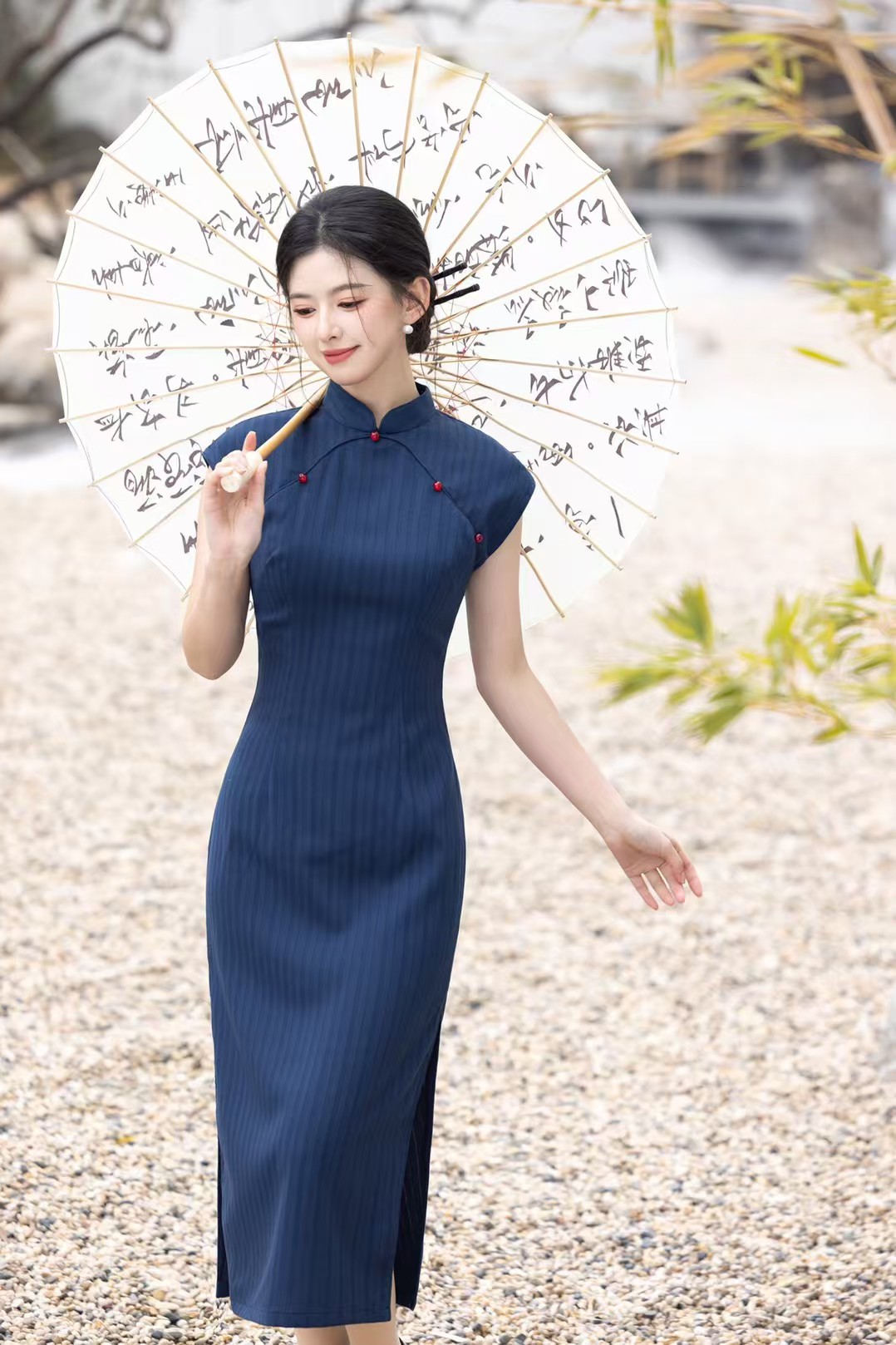 优雅蓝色条纹民国风新中式长款改良旗袍2025女复古修身显瘦遮肉