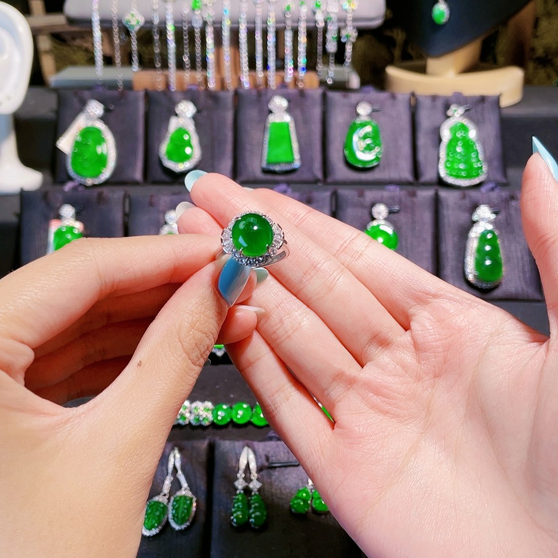 福***笑翡翠银S925镶嵌戒指蛋面