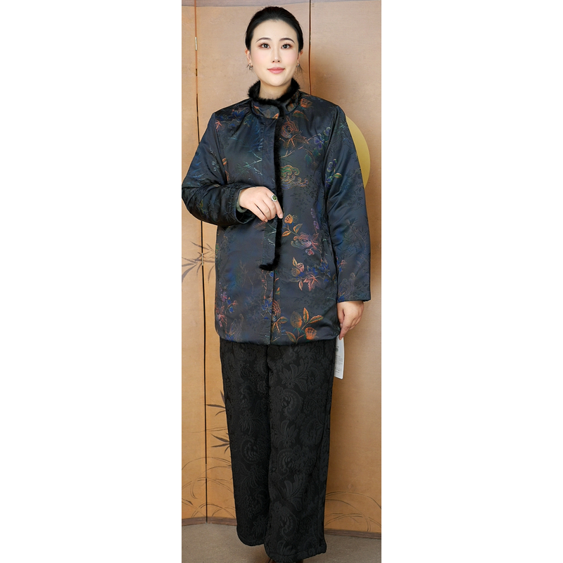 （彩纹）冬季新款加厚中长款棉服外套