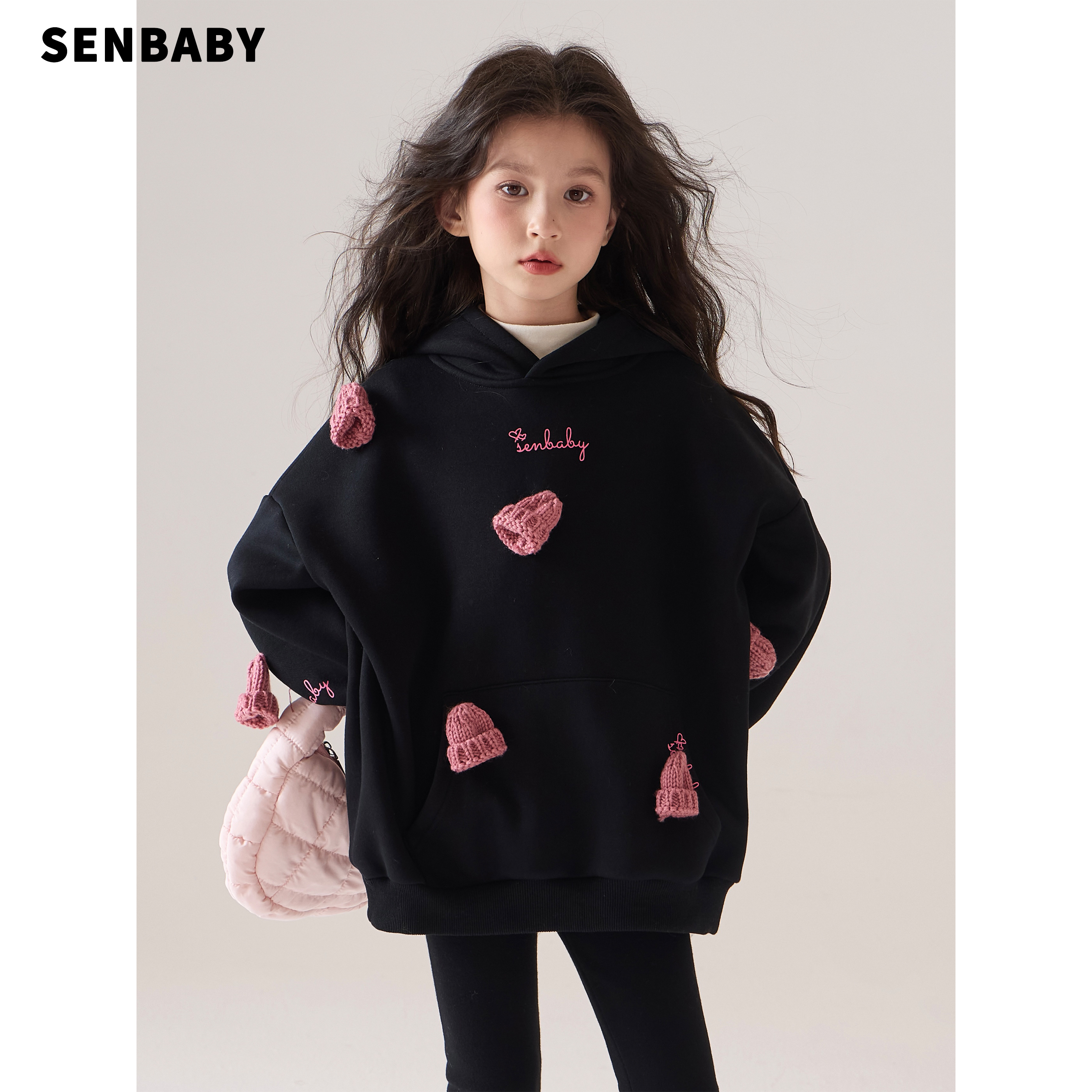senbaby童装女童加绒连帽卫衣2025冬季韩版儿童洋气立体装饰上衣