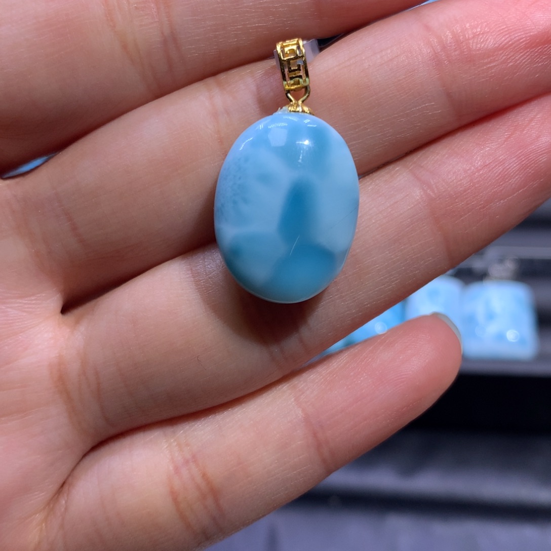 针钠钙石（海纹石）银S925镀金镶嵌吊坠(不含链)蛋面吊坠色差略异