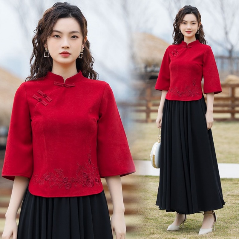 单件/套装中国风汉服短旗袍女茶服民族风中式盘扣绣花七分袖上衣