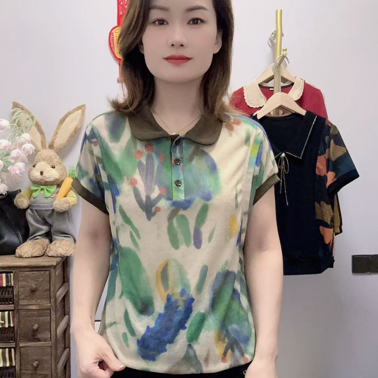 【丽姐家】夏季新款妈妈装短袖时尚洋气翻领迷彩宽松显瘦上衣