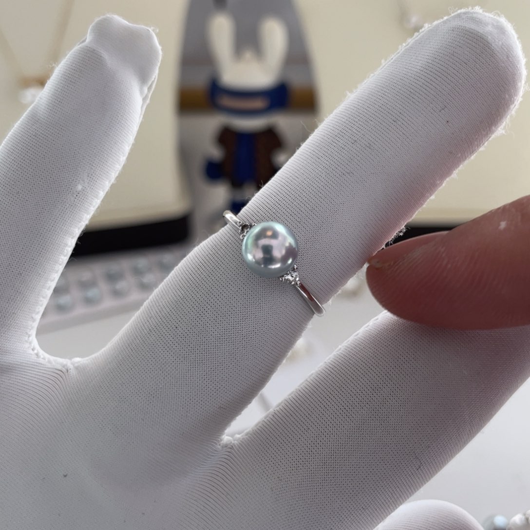海水珍珠戒指银S925镶嵌7-8