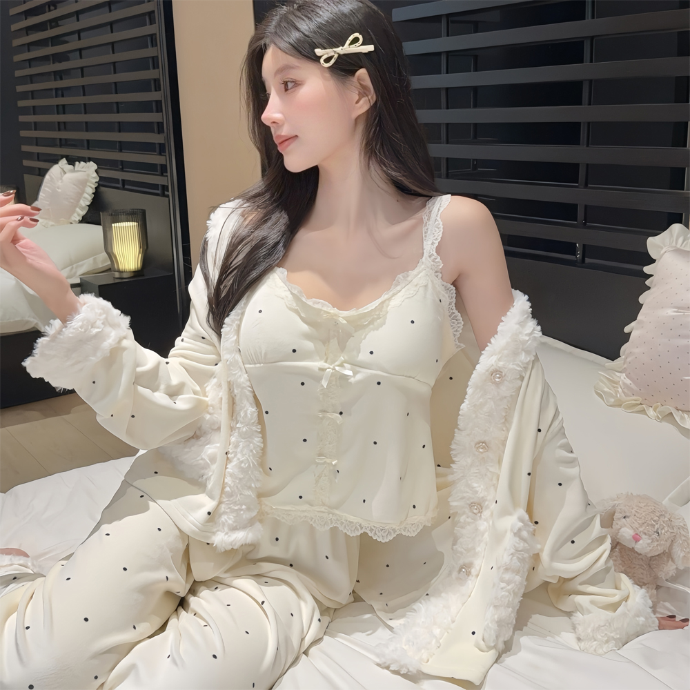 【告白】带胸垫秋冬季睡衣三件套波点加绒法式居家保暖ins风带口袋