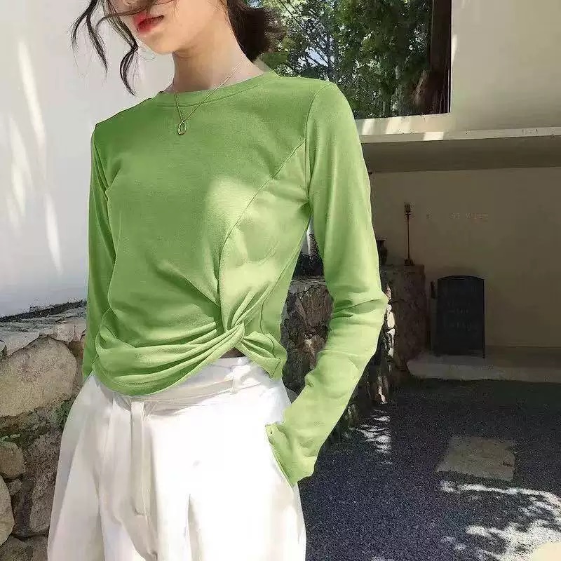 7423 春秋ins潮宽松显瘦纯色打结长袖t恤女短款打底衫上衣