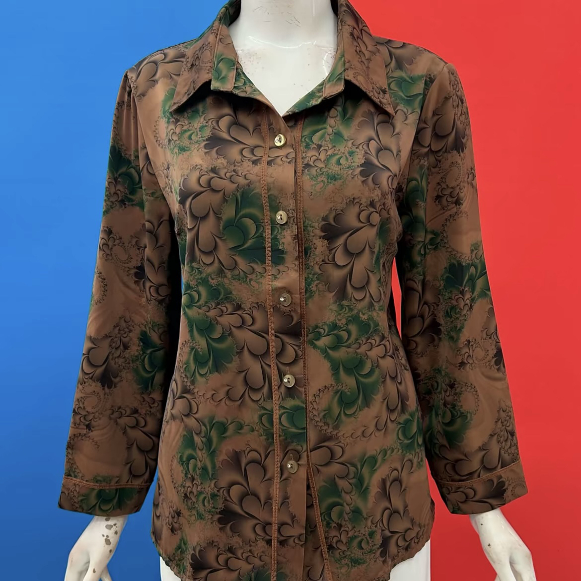 L  新款翻领大凤尾花丝滑开衫衬衣                             