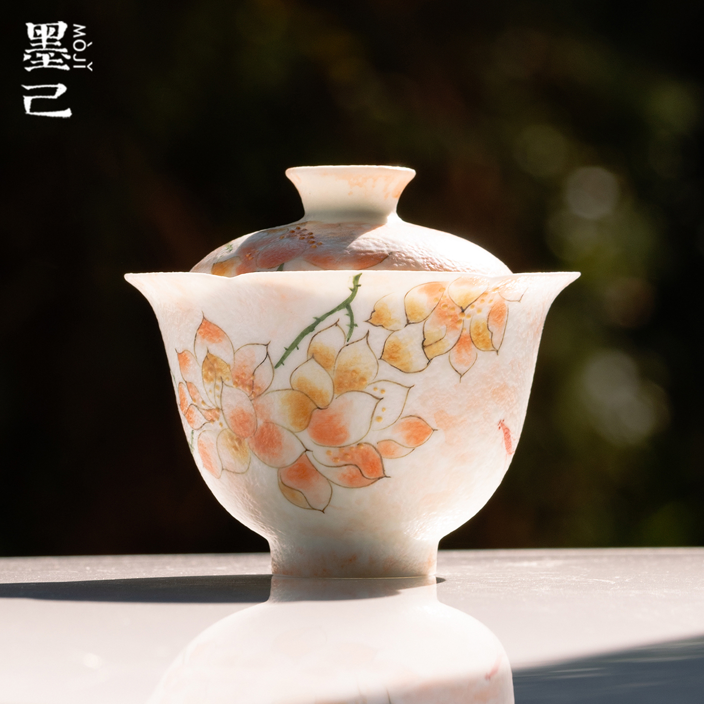 墨己雪花白手绘雾粉玉兰家用高颜值陶瓷盖碗功夫茶具花口泡茶碗