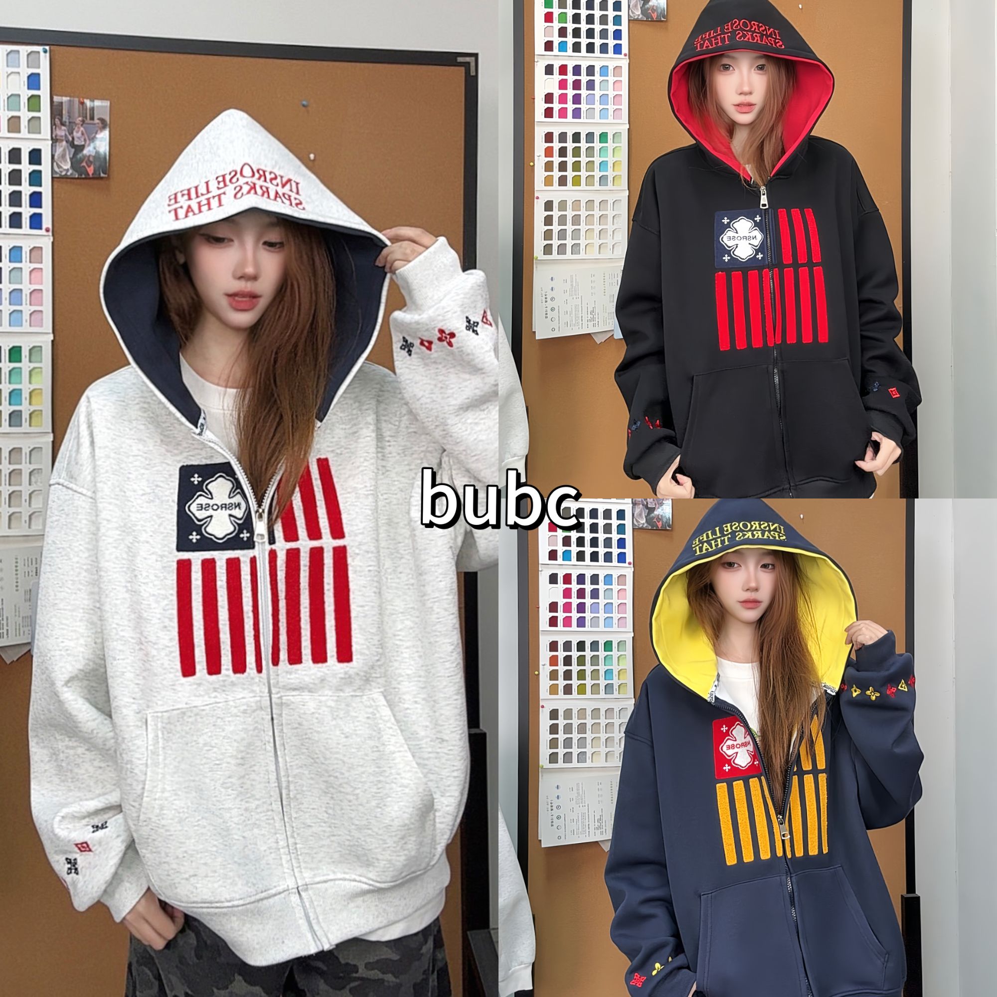 BUBC重磅刺绣连帽拉链卫衣撞色百搭洋气慵懒开衫男女秋冬情侣款