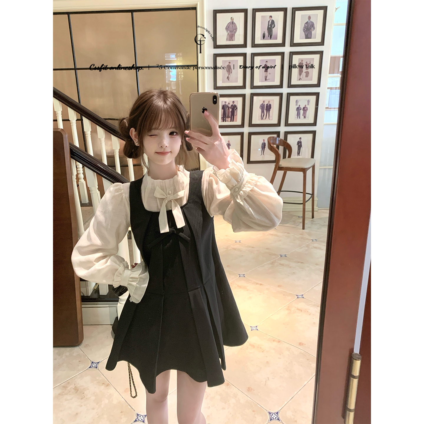 迟伞伞25/fw 黑檀珍珠 pra*黑蝴蝶结无袖背心裙香槟立领衬衫套装