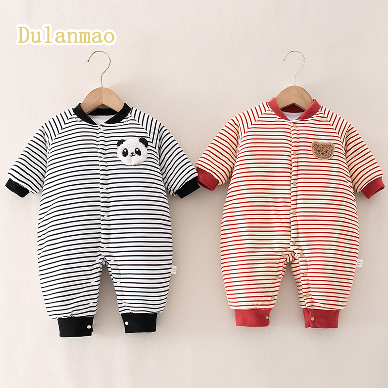 条纹小熊棉服婴幼儿连身衣宝宝保暖哈衣爬爬服