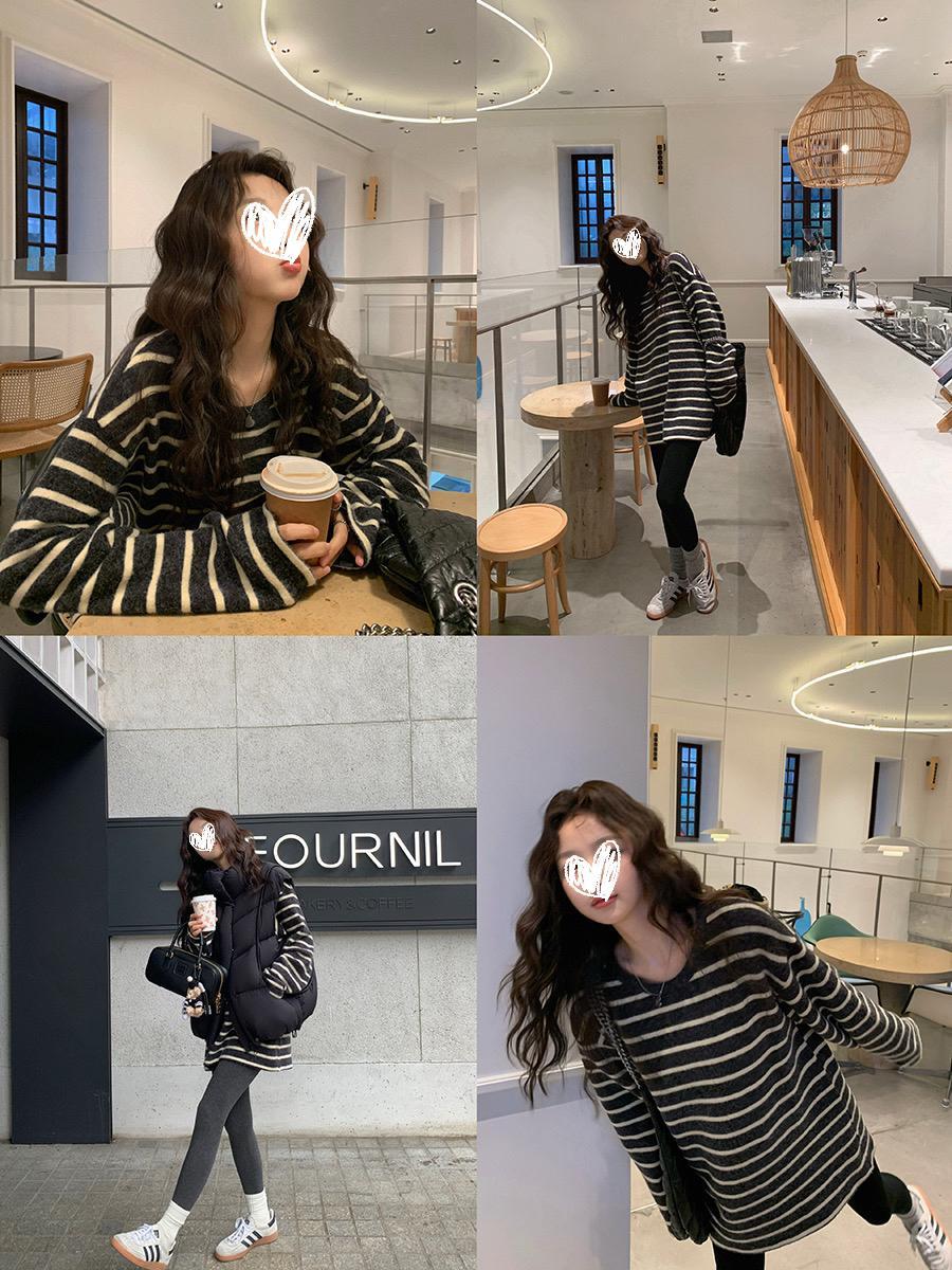 海盐奥利奥 日系海魂条纹衫秋冬保暖慵懒风仿兔毛绒软懦感上衣T恤