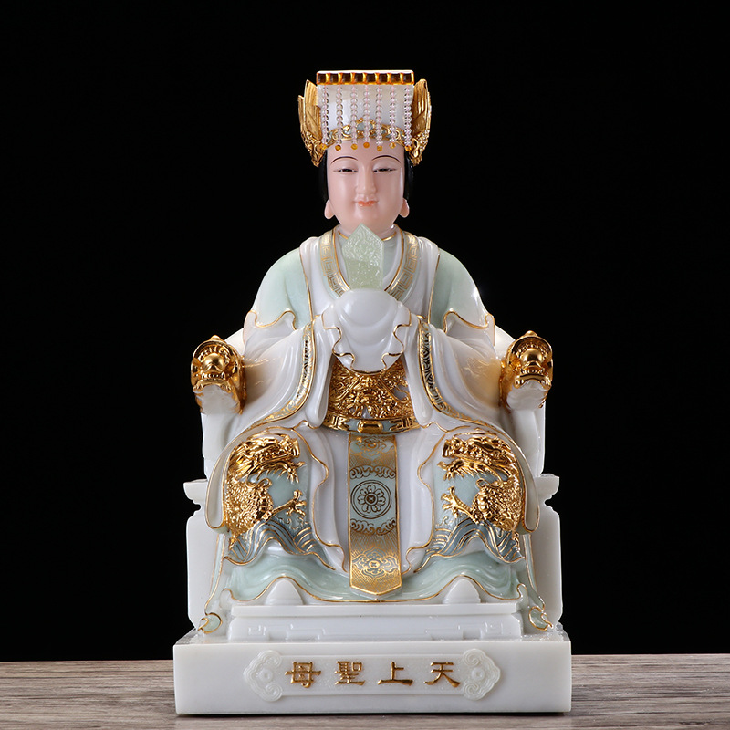 厂家直供汉白玉石粉天清色30CM天妈祖像批发家居装饰室内摆件