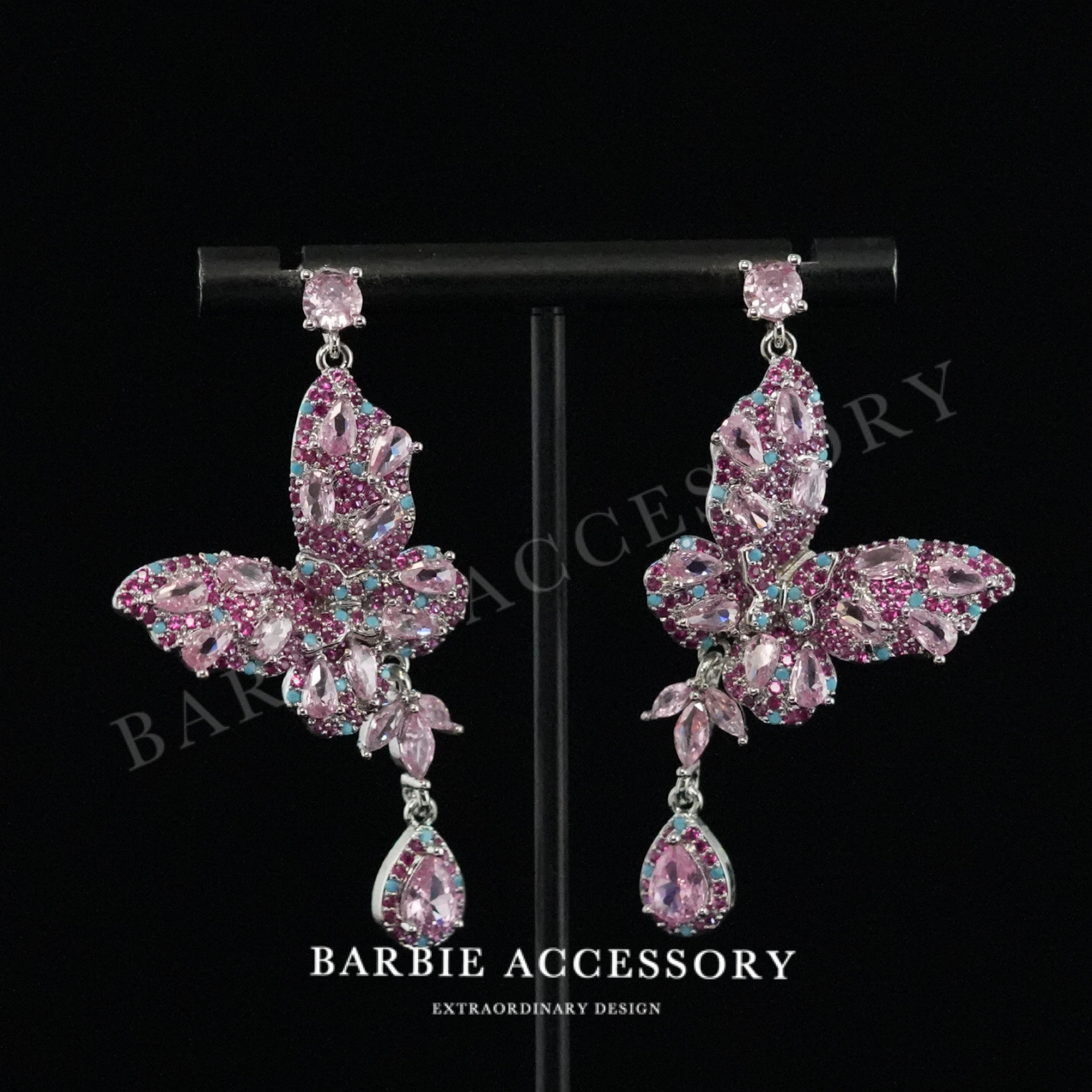 铜合金合成锆石耳饰 【粉星蝶蝶】复古法式设计款高级绝美百搭耳环