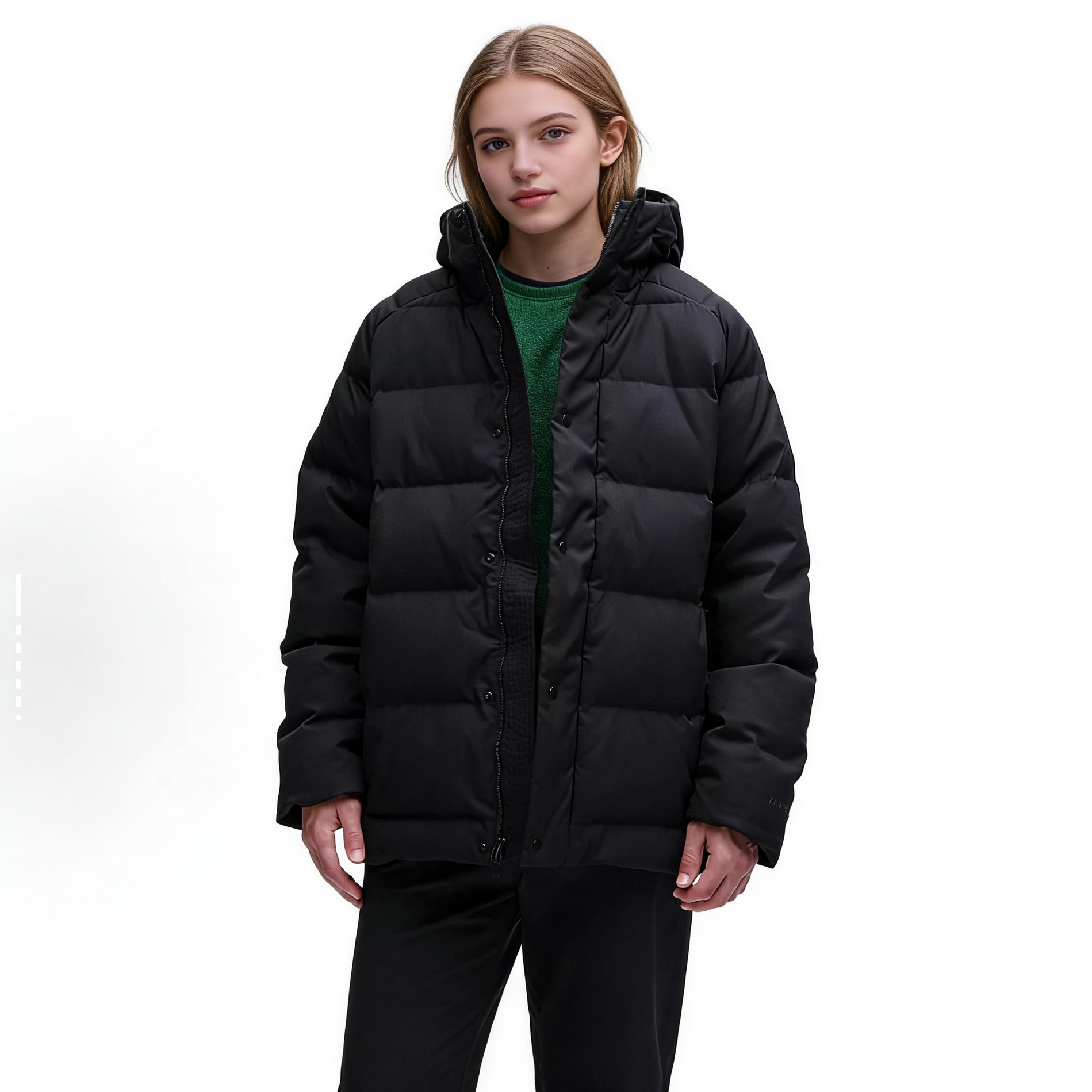 lululemon Puff系列 纯色单排扣连帽七格中长款鹅绒羽绒服 