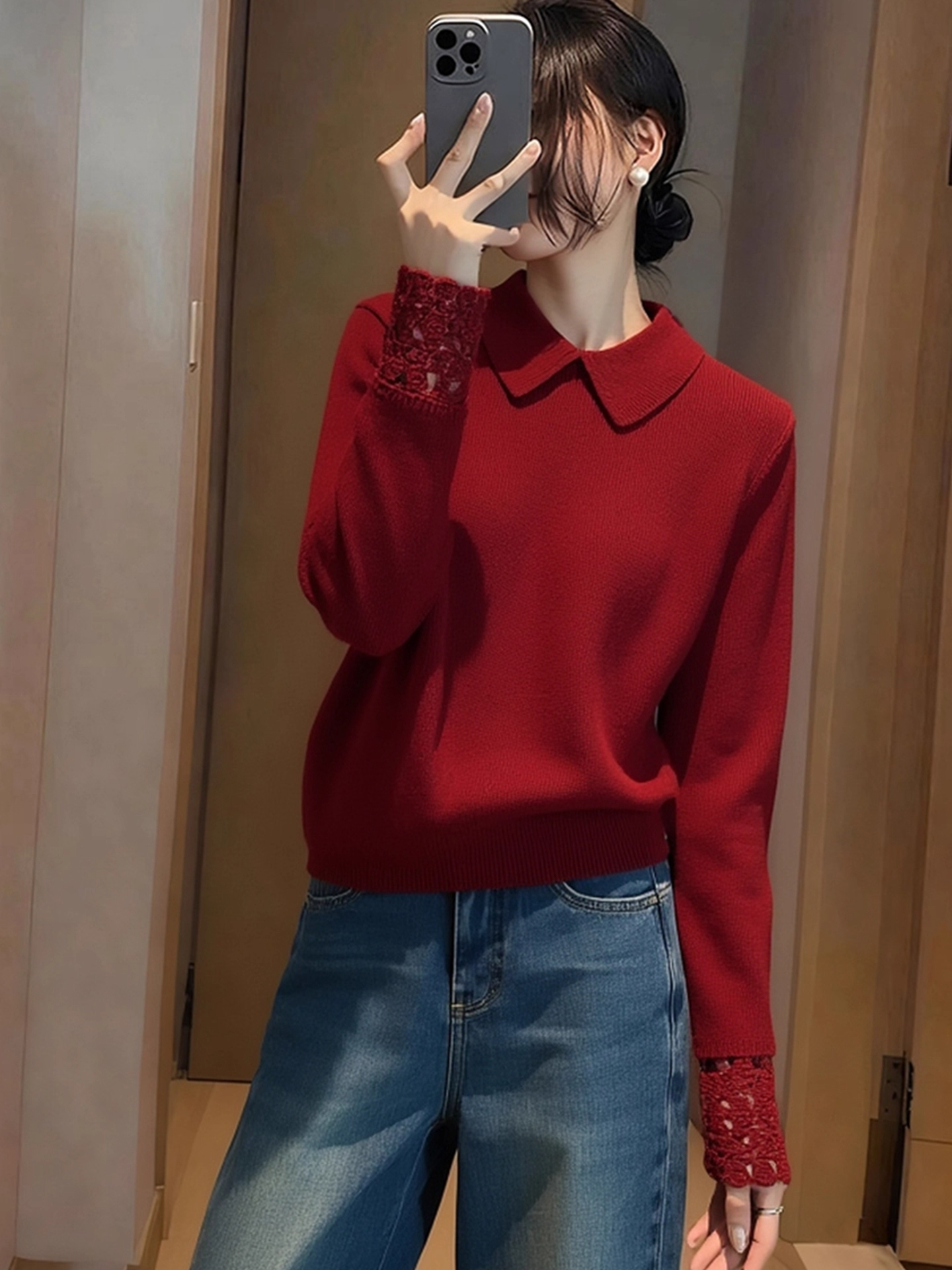 秋冬新款圣诞新年翻领针织衫女慵懒松弛感时尚显瘦软糯毛衣打底女