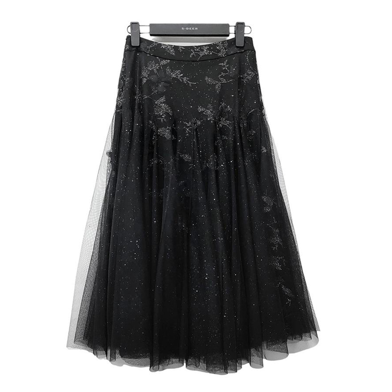 圣迪奥女装时尚复古绣花网纱拼接A字中长款长裙S23181101