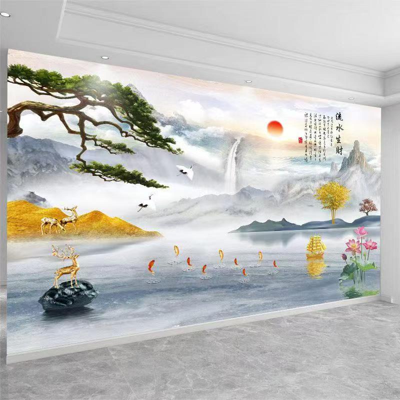 新中式大气定制电视背景墙壁纸8D立体山水壁画客厅影视墙专用墙布