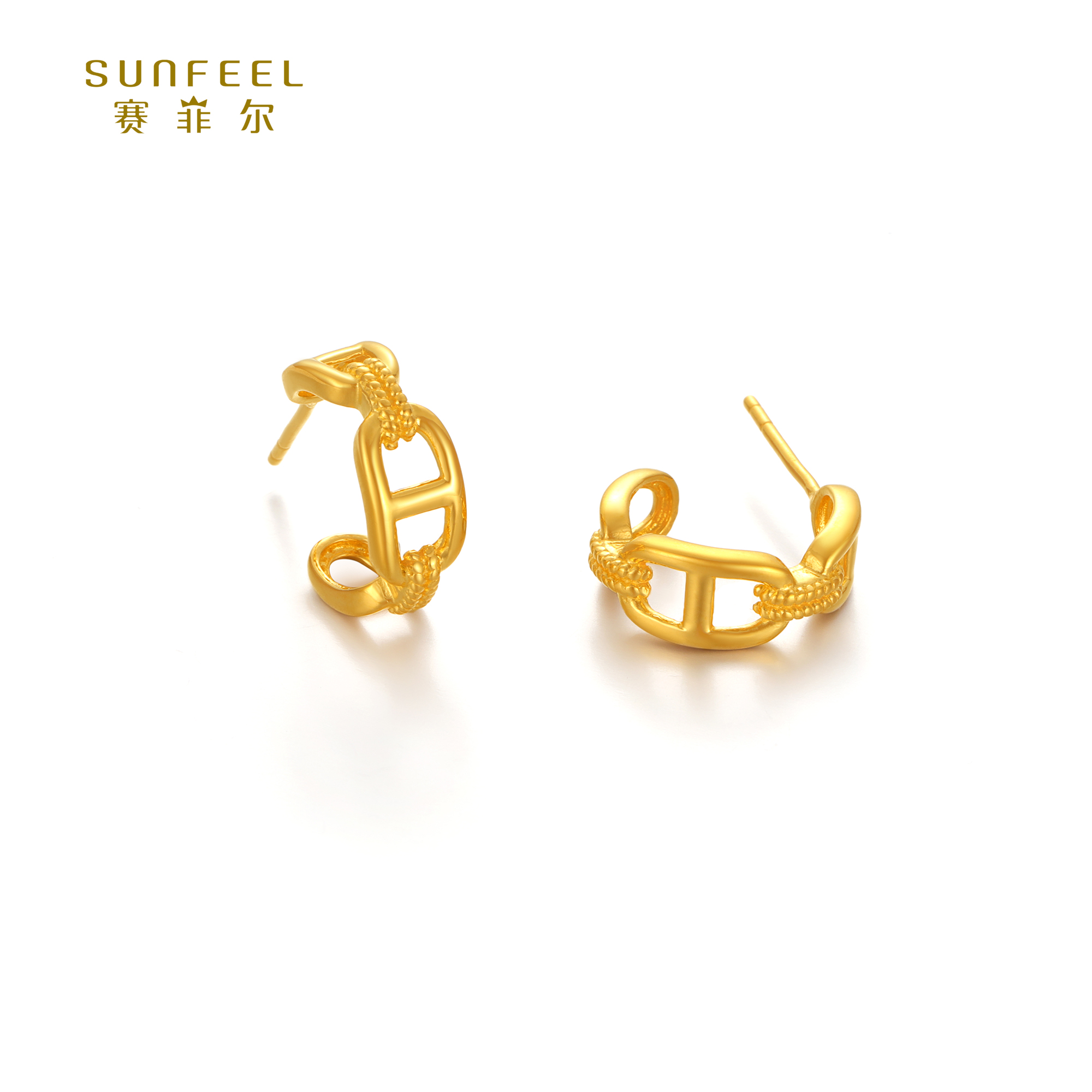 SUNFEEL/赛菲尔【七店】足金精炫金猪鼻子直针耳钉HR34010768