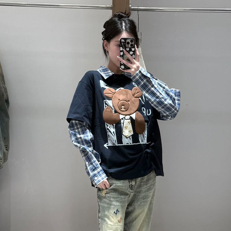 【现货】FORDARE福蝶25秋季假两件努力工作小熊涂鸦贴布T恤