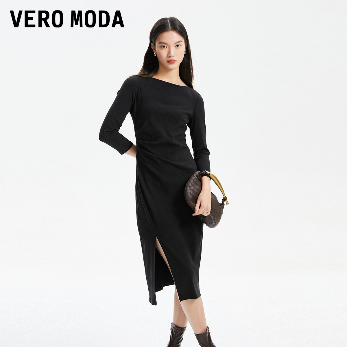 Vero Moda连衣裙2025冬季新款七分袖开叉修身中长裙优雅325461004