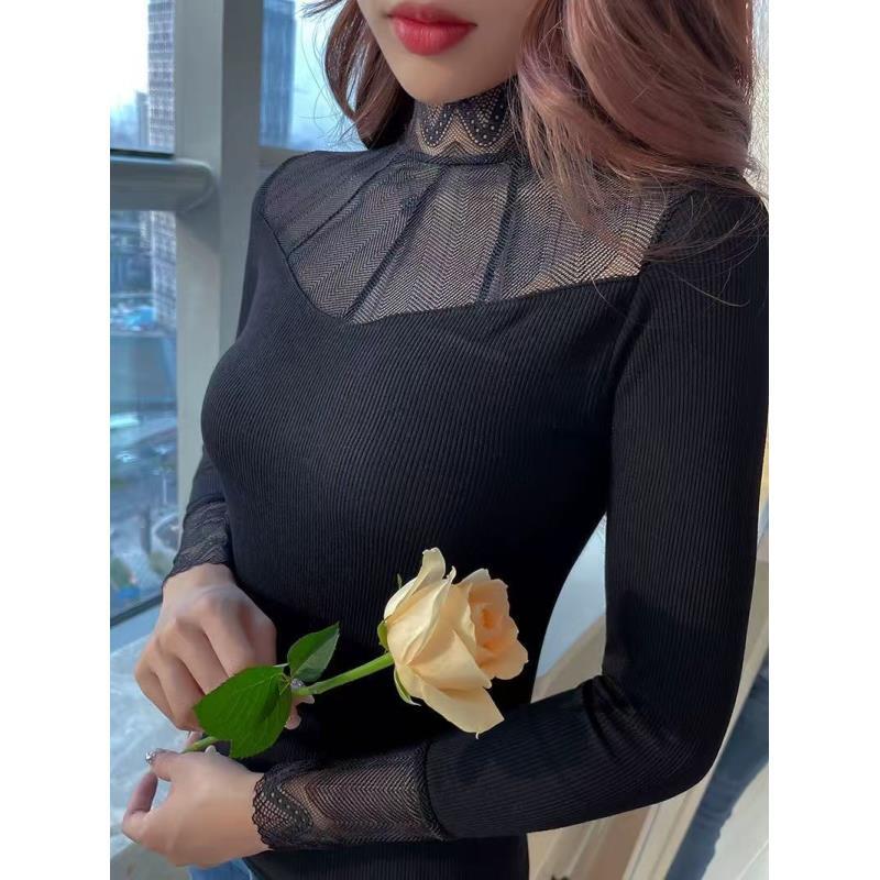 春秋蕾丝立领弹力内搭修身打底背心紧身打底衫长袖女薄款外穿5130