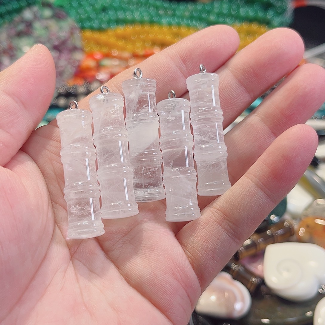 玛瑙/玉髓合金珠宝半成品白水晶竹节吊坠一个40x12mm