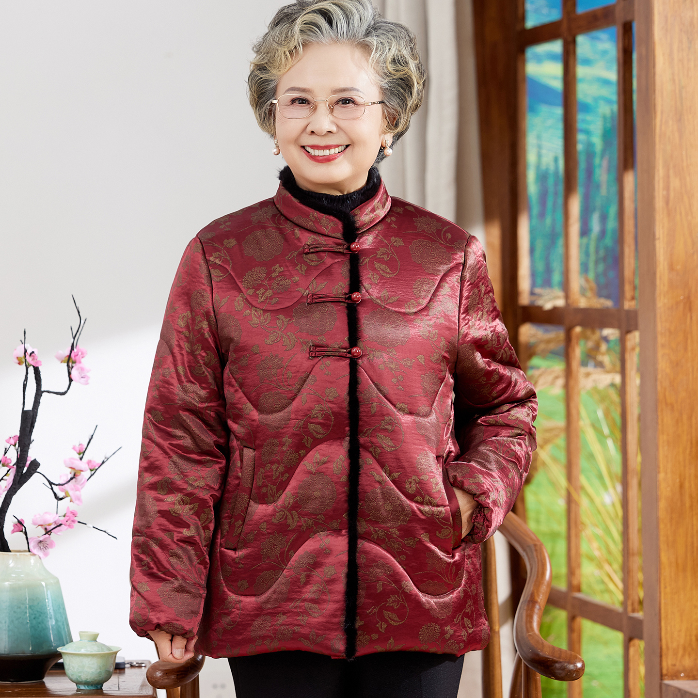 奶奶冬装水貂绒毛领棉服外套老年人妈妈本命年喜庆唐装棉衣老太太