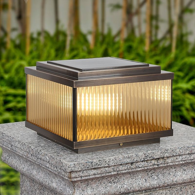 【全铜平顶竖纹玻璃】太阳能柱头大门阳台庭院花园户外柱子围墙顶灯