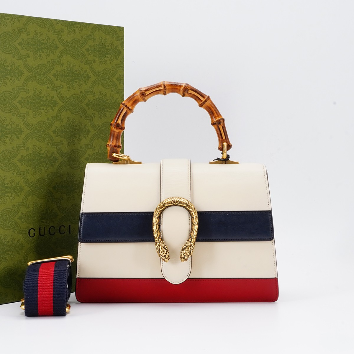 95新 GUCCI/古驰 【白菜】酒神竹节包中号白三拼色/BG22006248