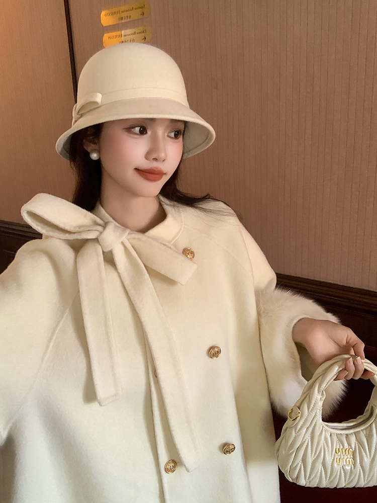【温莎千金】蝴蝶结双面羊毛大衣女斗篷狐狸毛羊毛呢外套