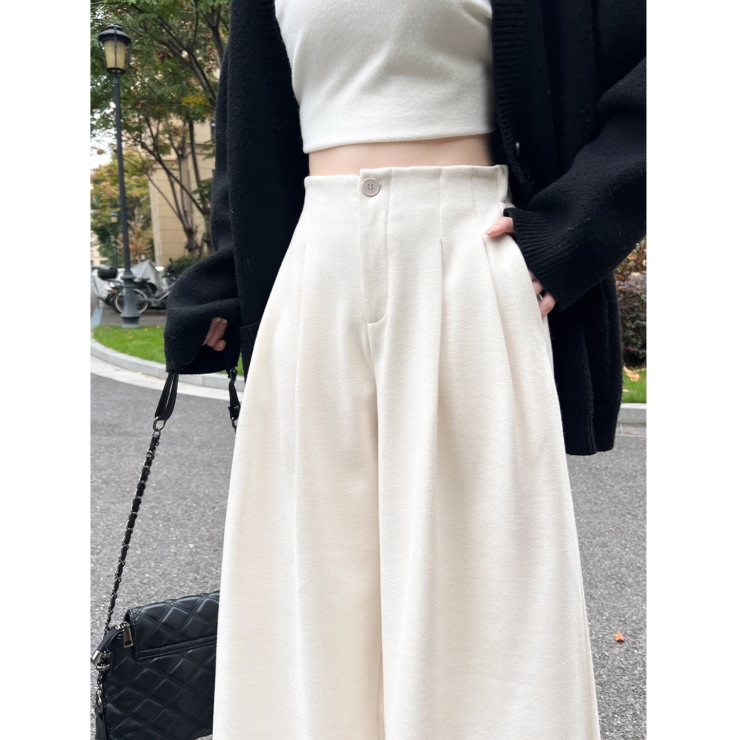 米白色韩系宽松糯米西装裤女秋冬新款加绒垂感加厚慵懒毛呢阔腿裤