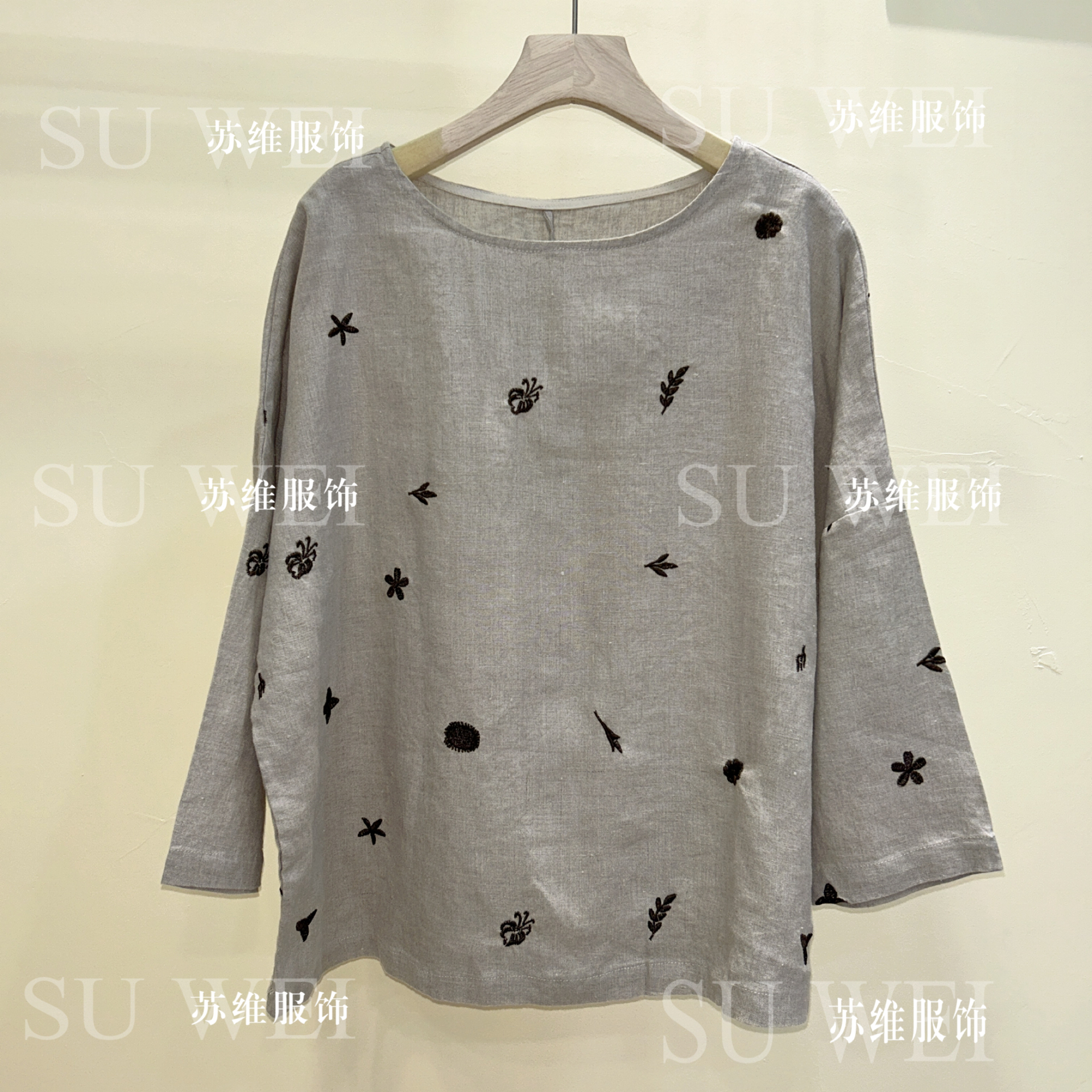 2580汉麻碎花短袖宽松型刺绣新中式T恤