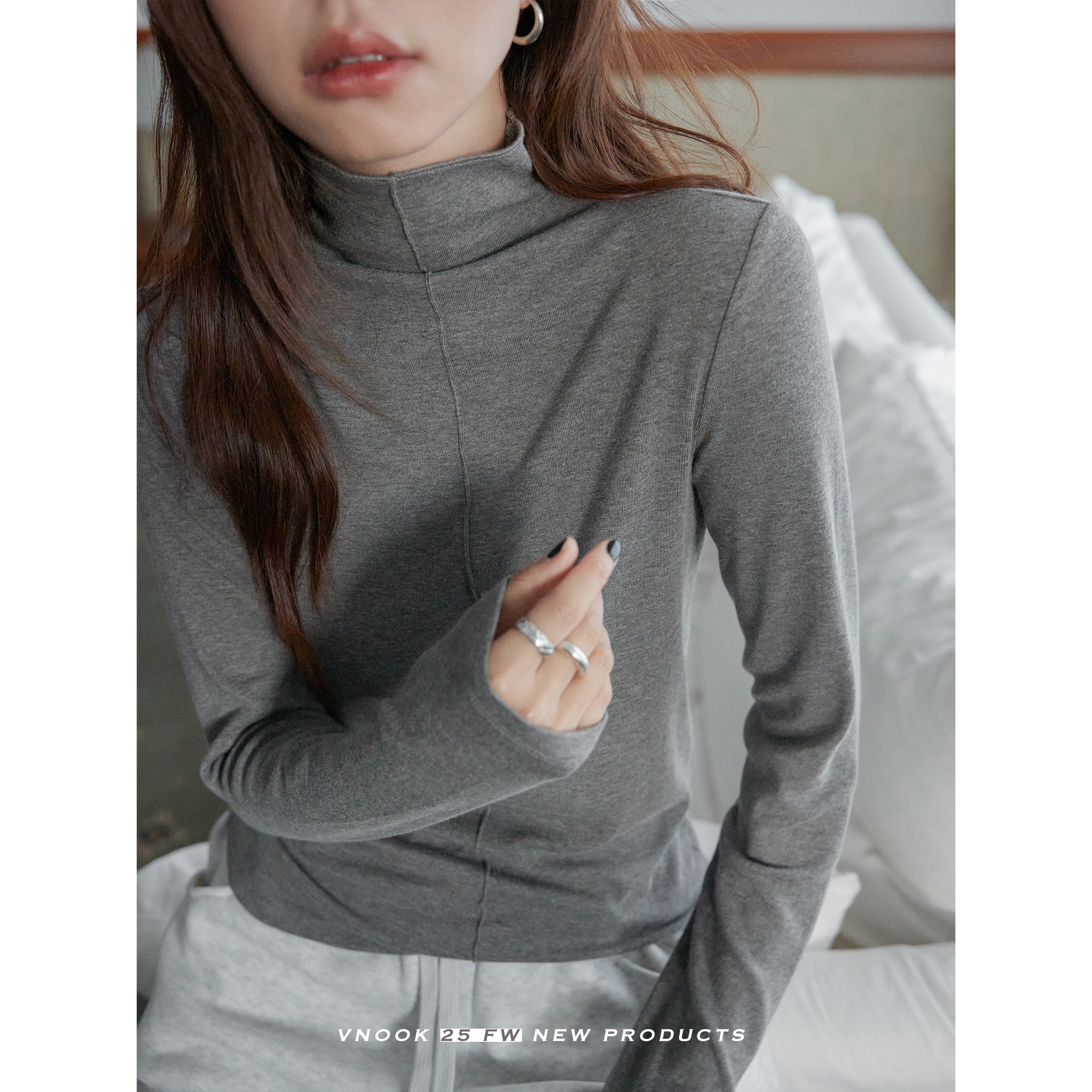 vnook纯色高领打底衫女内搭秋冬新款修身堆堆领弹力棉上衣长袖T恤