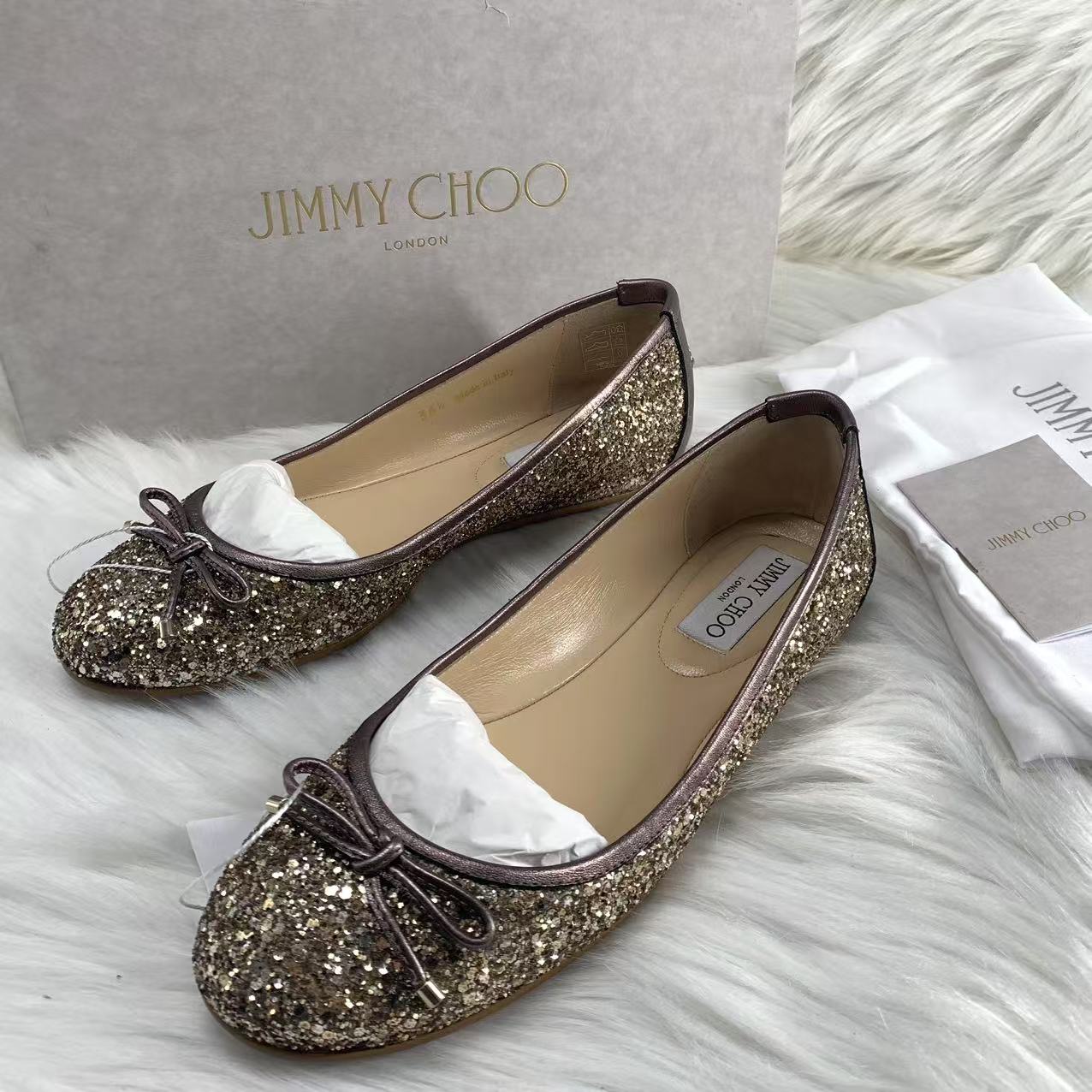 99新 JIMMY CHOO/吉米周 36.5码/全套/香槟金亮片圆头单鞋 wsp232