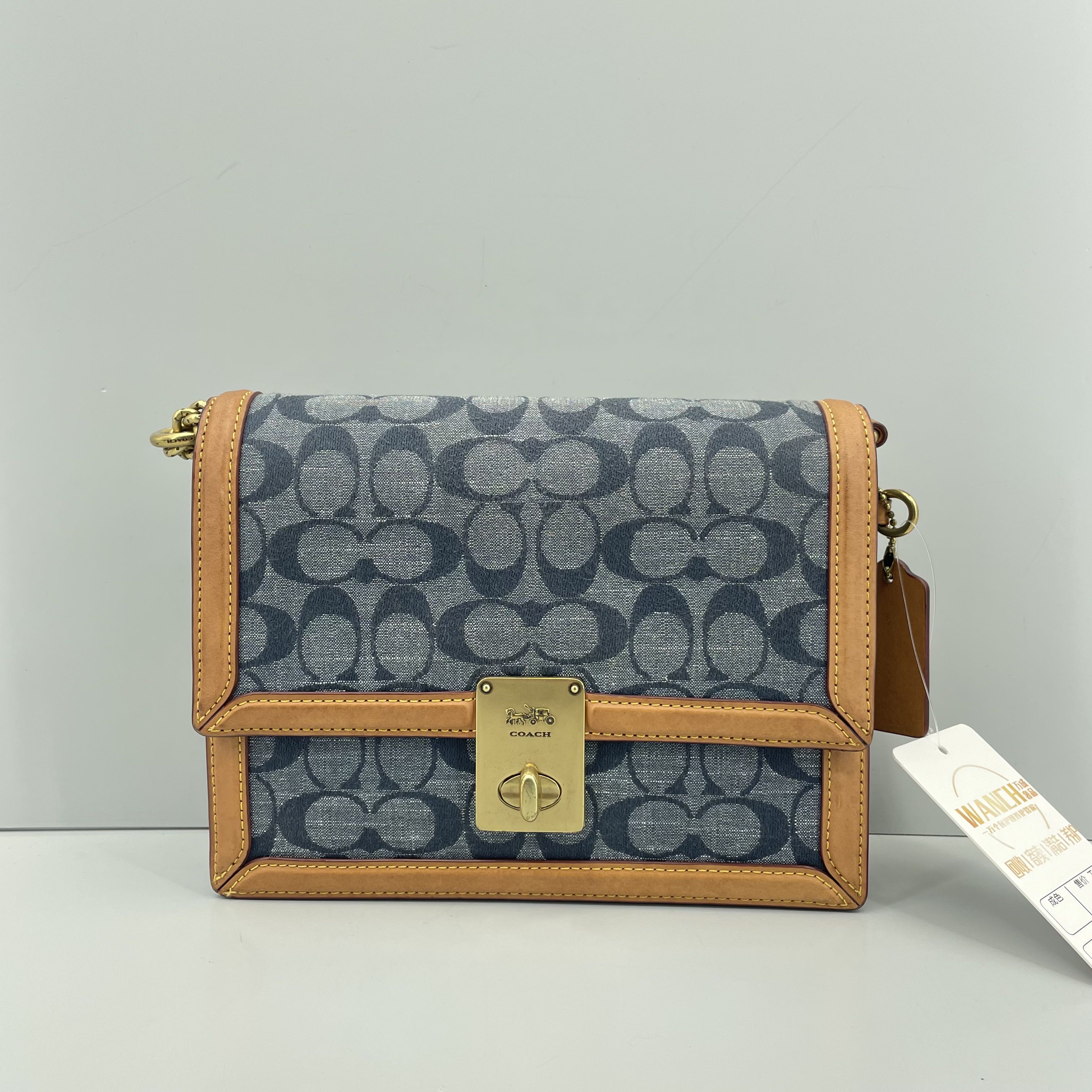 90新 COACH/蔻驰 hutton哈顿蓝色香布蕾链条包22*16*5cmM030423