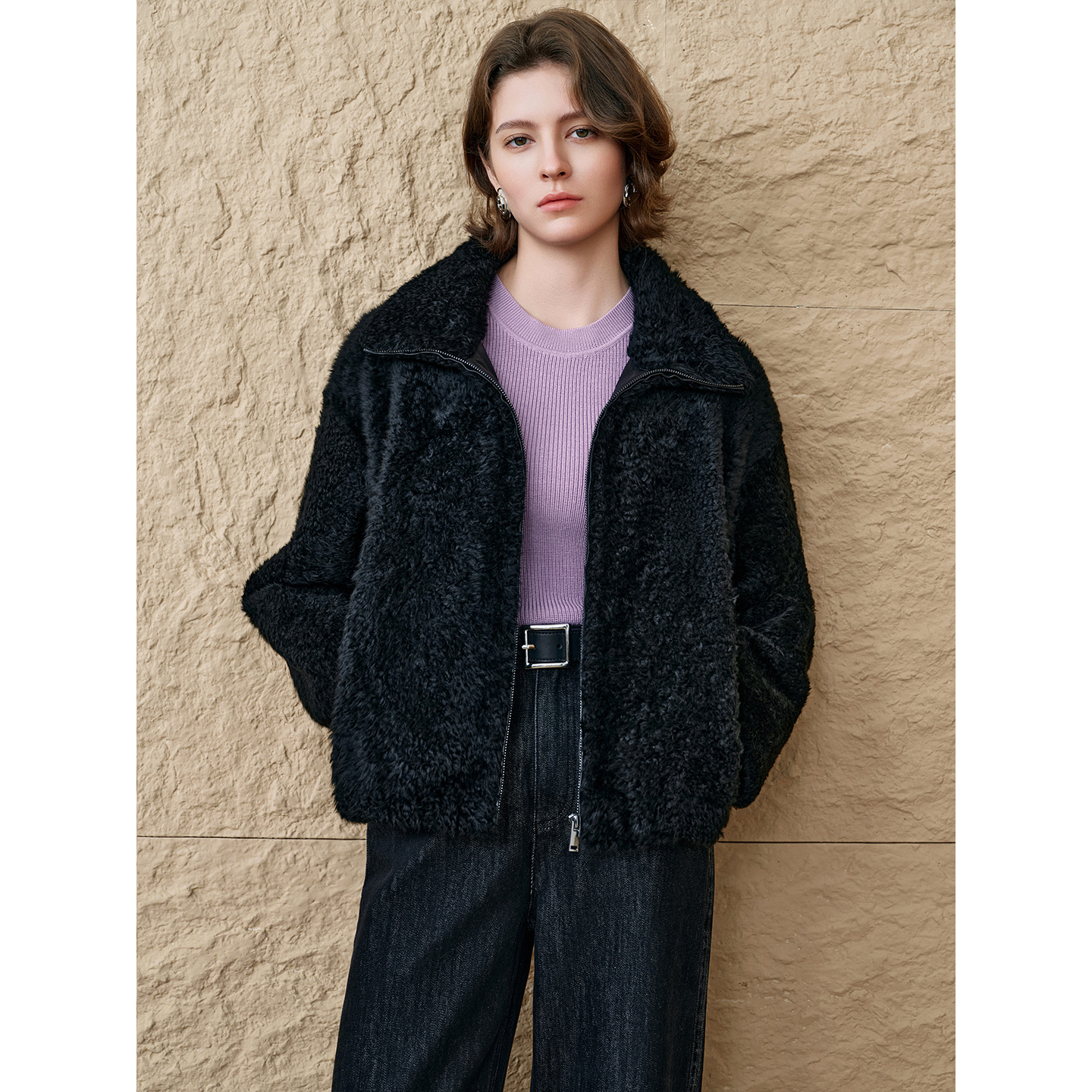 恩裳2025冬季老钱风立领拉链皮毛一体拉贡皮草外套9C35509820