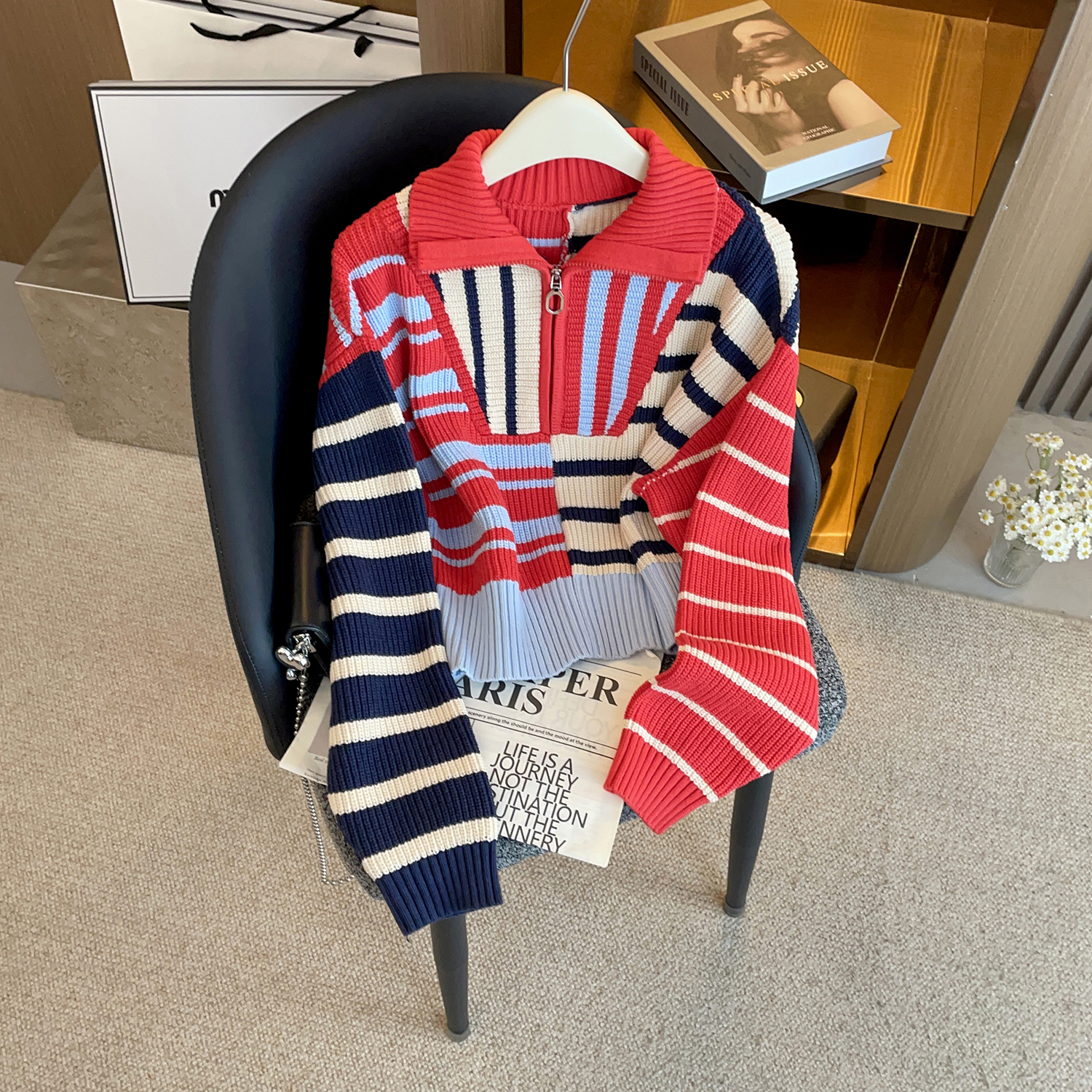 冬季条纹开衫网红短款针织毛针织衫拼接撞色半拉链翻领DY9776