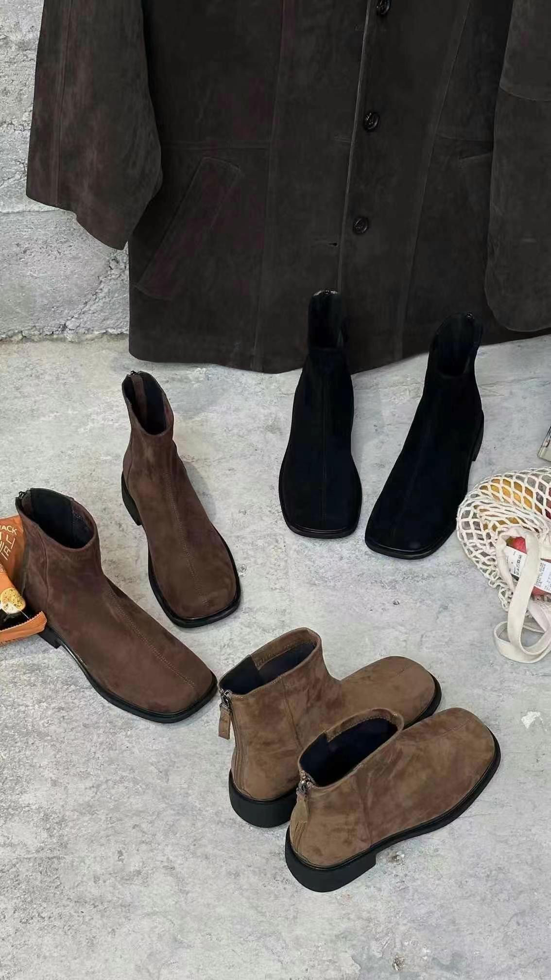 粗跟绒面方头短靴女2024秋冬新款韩版女靴子后拉链短筒靴时装靴女