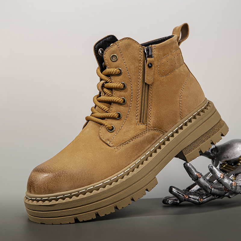 马丁靴男真皮高帮侧拉链内增高黄色工装鞋复古英伦冬季厚底大黄靴