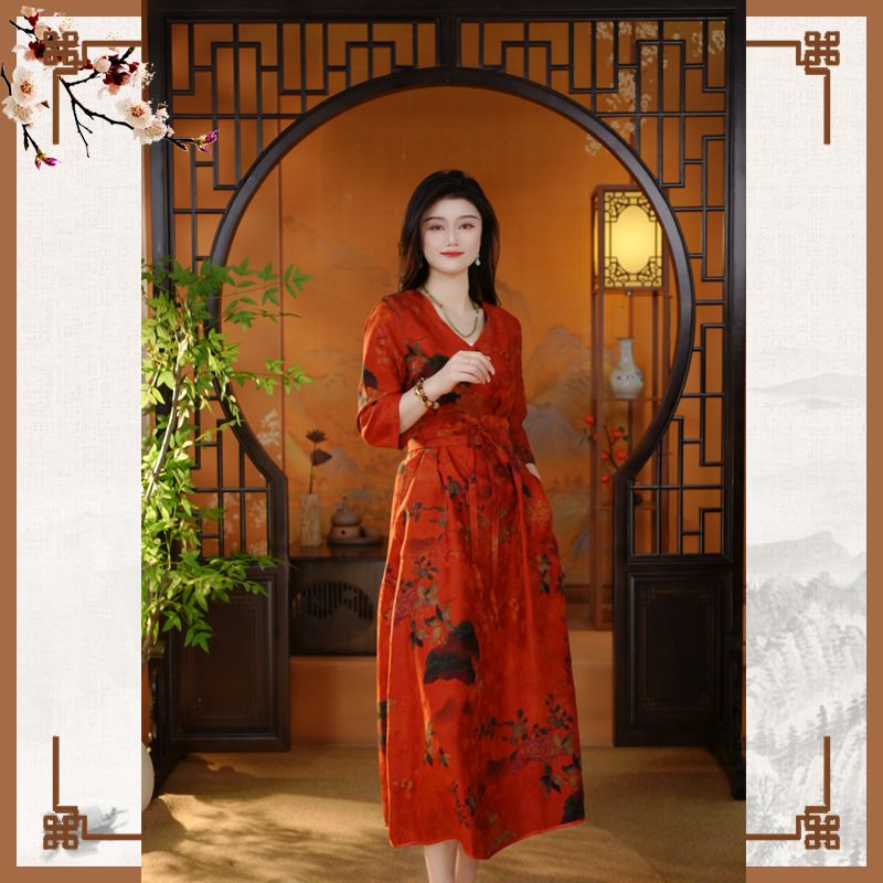 【染双华】秋季V领高端提花香云纱国风大码宽松桑蚕丝系腰带连衣裙