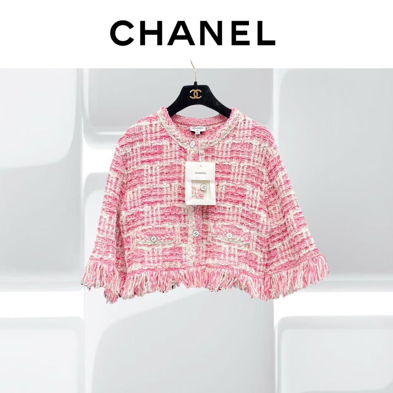 99新 Chanel/香奈儿  36码24P粉色花呢流苏短款外套